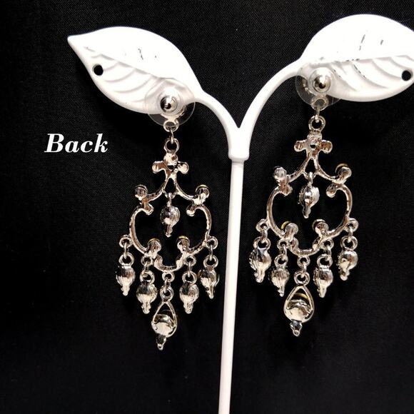 Dangle Earrings Clear Rhinestones Silver Tone, 2 3/4 Inch, Formal Wedding Posts - Picture 5 of 8
